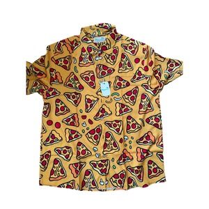 Royaura Men Pizza Print Hawaiian Shirt Short Sleeve Button Up Yellow Large NWT